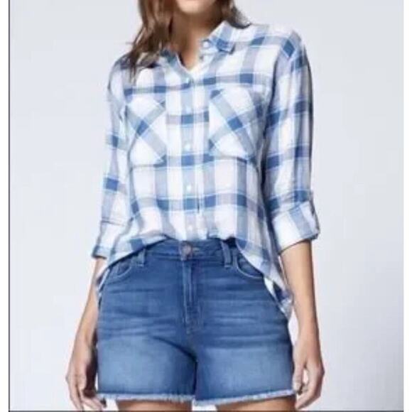 Sanctuary Women Blue White Soft Long Sleeve Plaid Tomboy Shirt Top Medium 1842 - Picture 1 of 10